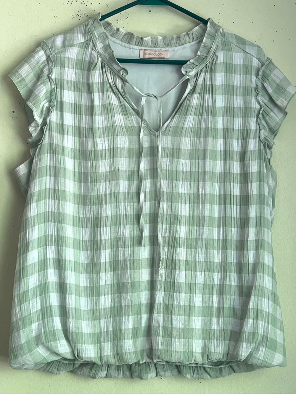 Mint Gingham Tie-Neck Ruffle Sleeve Blouse
